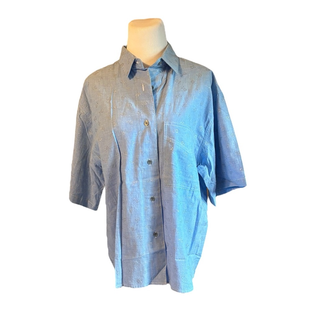 NWOT Diane von Furstenberg L Blue Cotton Floral Sparkle Button-Up Tailored Shirt